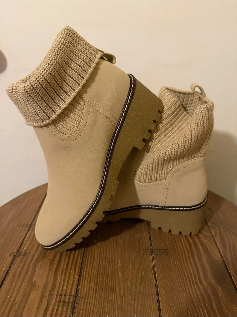 MIA Knit-Cuff Chelsea Booties in Beige